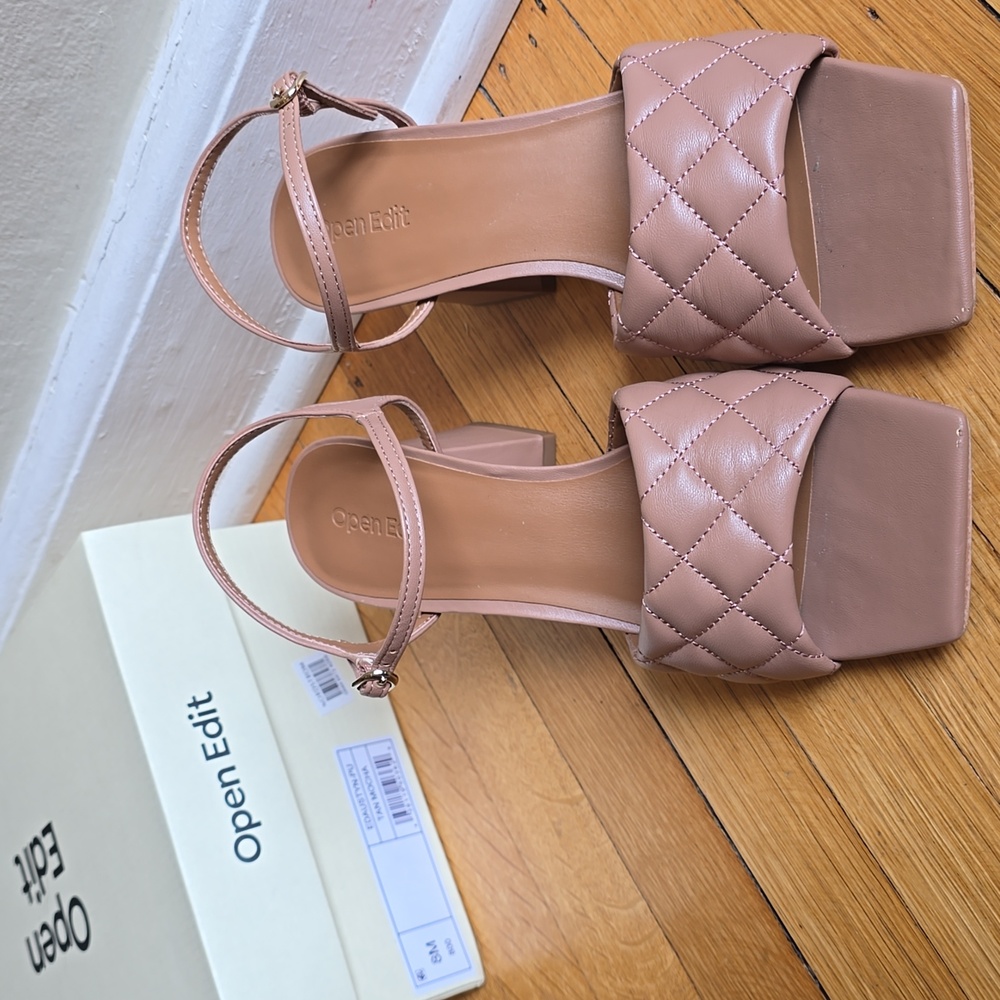 Open Edit, Quilted Square Toe Block Heel Sandals, Tan Mocha, EUC, Women's 8M